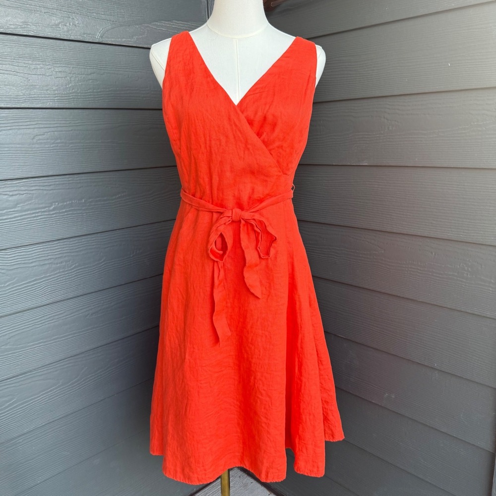 Lauren Ralph Lauren 100% Linen Wrap Look Tie Waist Dress Orange Size 6 - Picture 1 of 10